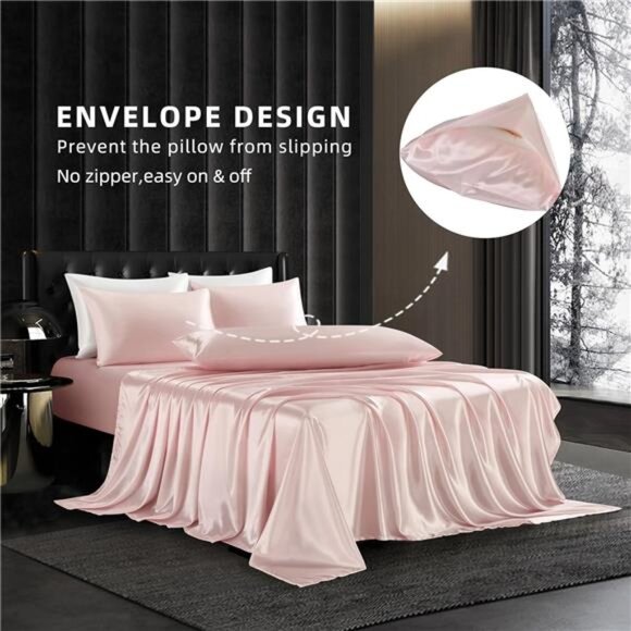 5Pcs Blush Pink Silk Sheets King Satin SheetsSet KingSize Sheets Silky Comforter - Picture 2 of 8